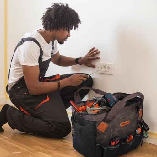 WELKINLAND 18 Pockets Electrician Tools Bag,14" Heavy Duty Plumber Tool Bags, Waxed Canvas Tools Bags, Large-Opening Tool Bags For Men, 25L Hand Tools Bag With Zipper