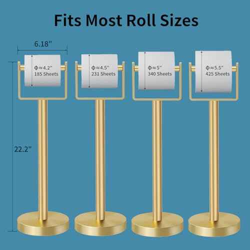 YUMORE Toilet Paper Holder Free Standing, Stainless Steel Toilet Paper Stand, Weighted Base Floor Tissue Roll Holder for Bathroom,Gold 200UP