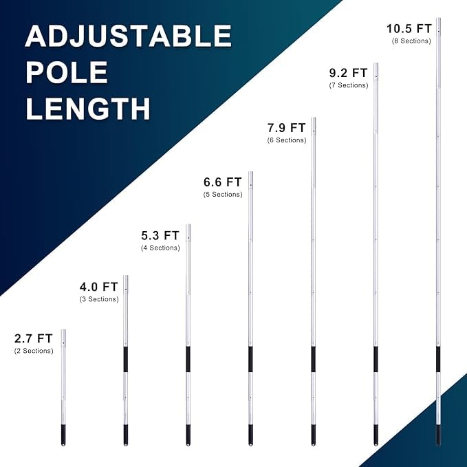 POOLAZA Pool Pole Dual-Handle, Anodized Aluminum Pool Skimmer Pole, Detachable & Telescopic Pool Pole Up to 10.5 Ft, Portble Pool Poles for Cleaning Suitable for Pool Skimmer, Vacuum Head, Brush Etc.