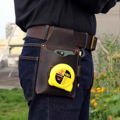 Tourbon Leather Carpenter's Belt Pouch with Phone and Tape Measure Holder Electrician Large Pocket Holster Loop for Belts Multipurpose Tools Bag