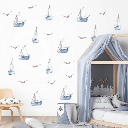 6 Sheets 48 Pcs Blue Sailboats Gulls Ins Style Wall Stickers, sacinora Travel Adventure Wanderlust Sailboat Nautical DIY Wall Decals Removable Vinyl Peel and Stick for Nursery Bedroom Playroom Decor