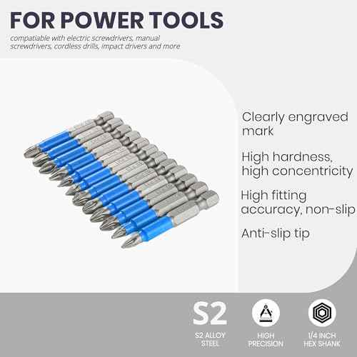 Anti Slip Phillips Cross Slot Pozidriv Screwdriver Bit Set 12PCS 1/4 Inch Hex Shank 2 Inch/50 mm Length S2 Steel with Magnetic for Power Screwdriver Drill Impact Driver Tool Accessory