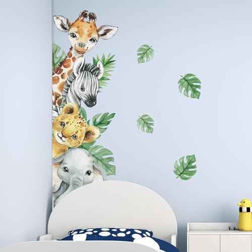 Supzone Jungle Animal Wall Stickers - Cartoon Animal Wall Decals with Giraffe, Zebra, Elephant & Green Leaves - Wall Art Stickers for Kids, Baby Nursery, Bedroom, Playroom & Kindergarten Decor