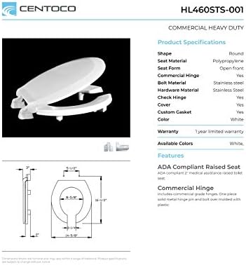 Centoco 2 inch Raised Toilet Seat for Seniors, Round, Open Front with Cover, Plastic, Made in the USA, HL460STS-001, White