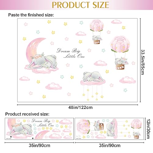 Removable 3D Cartoon Elephant Sleeping on the Moon and Cloud Wall Decor Sweet Dream Princess Little Girls Bedroom Wall Decal Hot Air Ballon Stars Wall Sticker for Baby Children Rooms Playroom Nursery