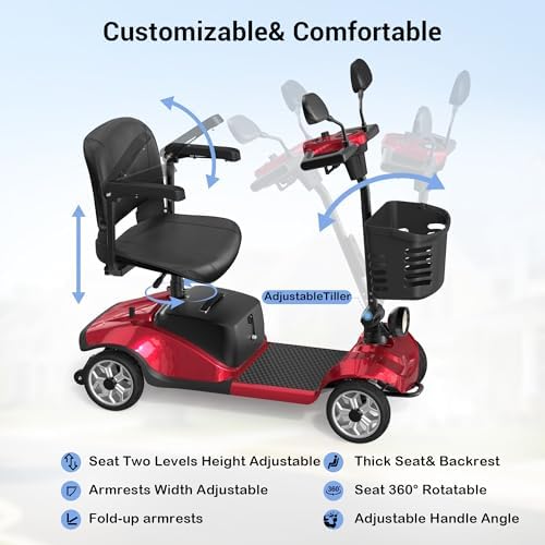 4-Wheel Mobility Scooter for Seniors, Foldable Electric Scooter, Lightweight Powered Electric Wheelchair, Compact Heavy Duty Scooter with Electromagnetic Brake, Rotating Seat, 350LBS Capacity-Red
