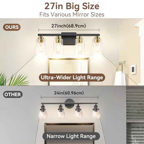 4-Light Bathroom Light Fixtures, 27" Modern Vanity Lights Over Mirror with Clear Glass Shades, Black & Gold Wall Sconce, Classic Wall Light Fixture for Mirror Living Room Cabinet Bedroom Porch Kitchen