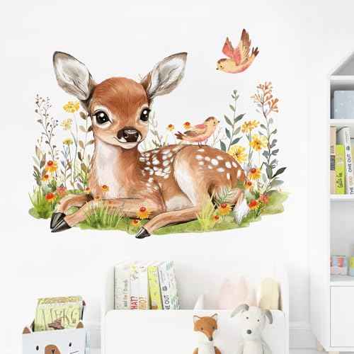 Yovkky Baby Deer Wall Decals Stickers, Woodland Animals Birds Wildflower Neutral Toddlers Nursery Decor, Cute Home Decorations Kids Bedroom Playroom Classroom Art