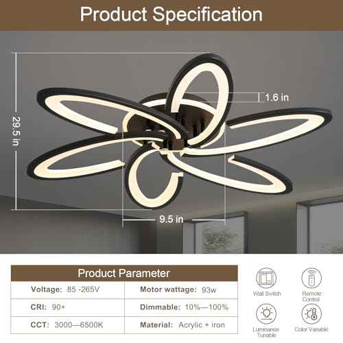 Modern LED Ceiling Light, 6+1 Rings 93W Dimmable Ceiling Light Fixtures 29.5" 3000K-6500K Flush Mount Black Flower Ceiling Lamp with Remote for Living Room,Bedroom,Kitchen