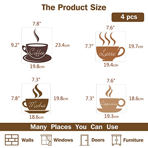 SUPERDANT 4pcs Coffee Wall Stickers Latte Mocha Cappuccino Wall Decor DIY Vinyl Sign Art Decals for Kitchen Coffee Bar Decor Shop Cafe Decoration Peel and Stick Wallpaper Brown