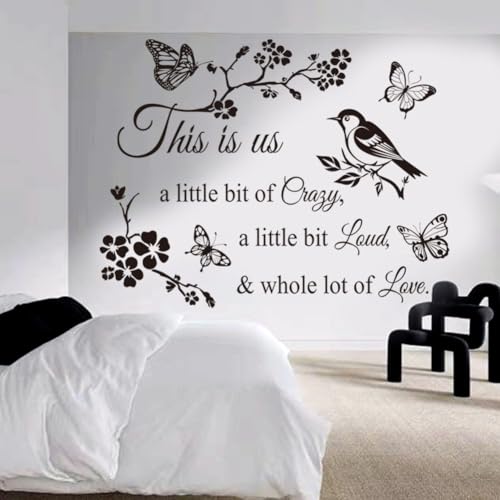 CASADECOR This Is Us Black 'A Little Bit of Crazy, A Little Bit Loud & Whole Lot of Love' Floral Nature Elements Letter Print Indoor Weatherproof PVC Rectangular Wall Sticker