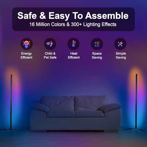 2 Pack Corner Floor Lamp ? 57'' Tall RGB Lamp Modern Mood Lighting with 88 LEDs, Bluetooth App Control, and Sturdy Base for Effortless Setup