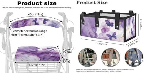 LedBack 3 Pcs Sets Rollator Walker Accessories Purple Marble Print Butterfly Walker Seat Cover Rollator Walker Seat & Backrest Covers, Rollator Storage Under Seat Bag