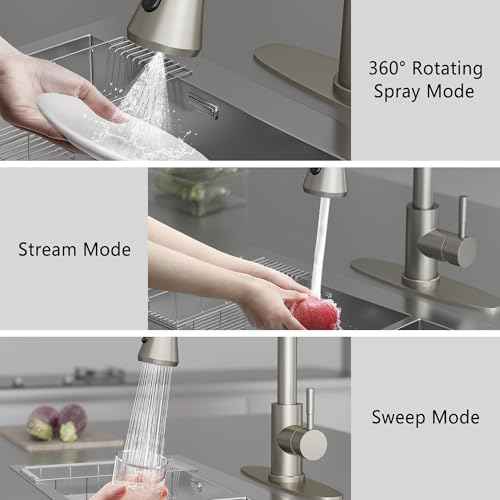 VXV Kitchen Faucets, Brushed Nickel Kitchen Faucet with Pull-Down Sprayer, Stainless Steel Sink Faucet for Farmhouse, RV, and Bar, Pull Out Kitchen Faucet with Deck Plate and 1/2'' Adapters