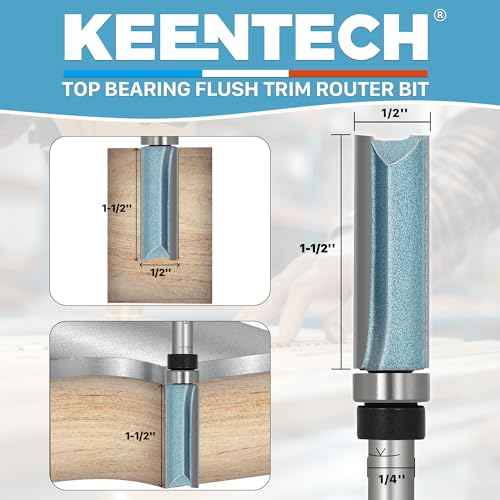 KEENTECH Router Bits 1/4" Shank, Flush Trim Router Bit, Top Bearing Carbide Tipped Pattern Bit, Template Straight Heavy Duty Woodworking Trimming Cutting Tool for Wood, 1/2" Diameter, 1-1/2" Depth