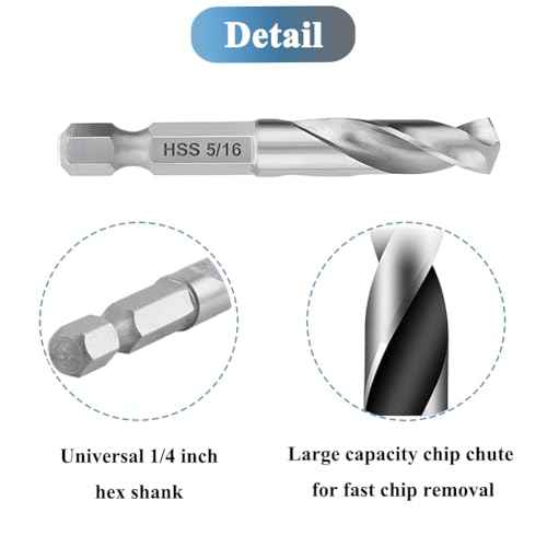 5Pcs 1/4'' Hex Shank Stubby Drill Bit Set for Metal, HSS M2 for Quick Change 3/32, 1/8, 3/16, 1/4, 5/16 Inch