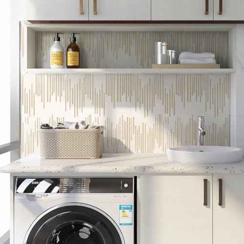 WENMER Beige Striped Wallpaper, Geometric Peel and Stick Wallpaper, 17.7''¡¿118'' Gold Contact Paper, Beige Self Adhesive Removable Wall Paper for Bathroom Cabinets Kitchen