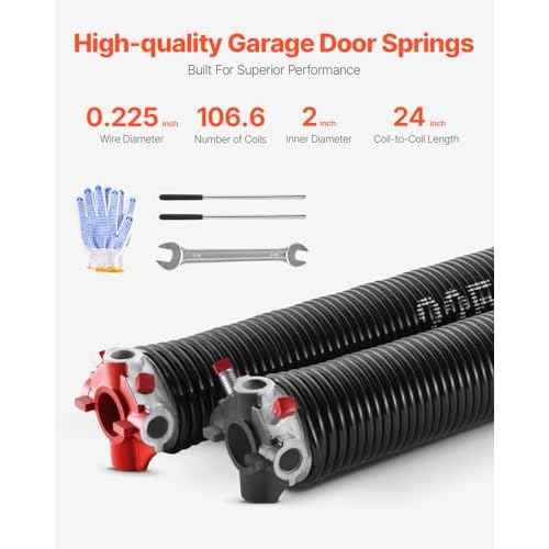 VEVOR Garage Door Torsion Springs, Pair of 0.225 x 2 x 24 in, 16000 Cycles, Electrophoresis Black Coated for Replacement, Garage Door Springs with Non-Slip Winding Bars, Gloves and Mounting Wrench