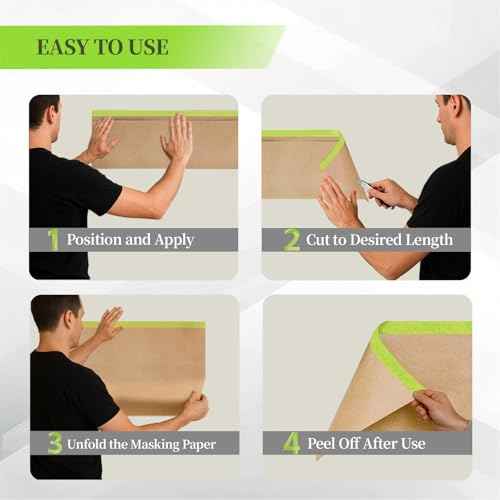 Pre-Taped Masking Paper for Painting 12 inch x 50 Feet, Tape and Drape Adhesive Painters Paper Roll for Walls, Trim, Baseboards, Cars, Auto Body and Furniture (1 Roll)