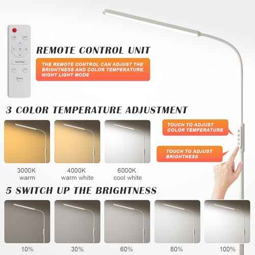 Bright LED Floor Lamps Touch and Remote Dimming for Eyelash Extension Tattoo Manicure Craft Drawing Makeup Living Room Bedroom Office Adjustable Gooseneck Standing Reading Lights esthetician lash lamp