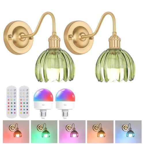 Vintage Battery Operated Wall Sconce Set of 2, 5000mAh Rechargeable Wall Light, Indoor Battery Powered Wall Lamp for Bedside Bedroom Living Room, Tulip Green