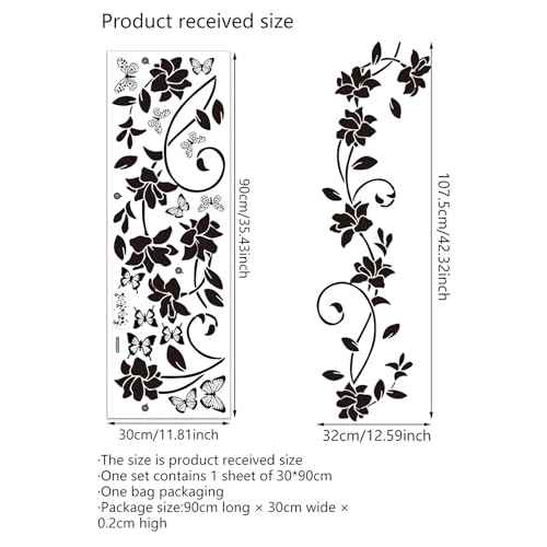 Black Flower Vine Butterfly Wall Stickers, sacinora Simplicity Floral Art Wall Decals Removable Vinyl Peel and Stick for Bathroom Living Room Bedroom Home Decorations