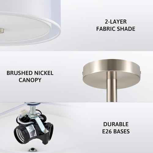 VONLUCE Semi Flush Mount Ceiling Light, 13'' Ceiling Light Fixture with 2-Layer Fabric Shade, 3-Light Modern Drum Light Fixture for Bedroom Living Room Entryway Hallway, White Shade & Nickel Finish