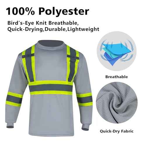VENDACE Men's High Vis Safety Work T Shirt ANSI Class 1 Reflective Long Sleeve Shirt with Pocket(Grey,L)