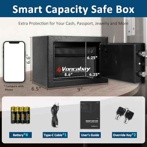 Voncabay Money Safe Box for Home with Sensor Light and Mute Function & Fireproof Security Safe Box for Money Safe with Emergency Power Outlet, Lock Box Fireproof Safe with Digital Keypad