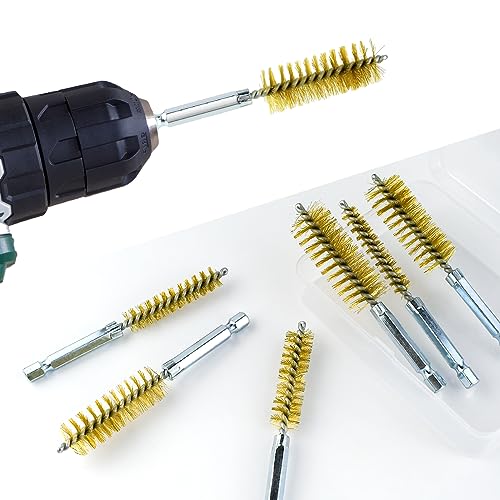 6 Pcs Brass Bore Brush Set with 1/4" Hex Shank Twisted Wire Bristles, Different Sizes (8, 10, 12, 15, 17, 19mm) for Bearing, Rust, Tube Cleaning