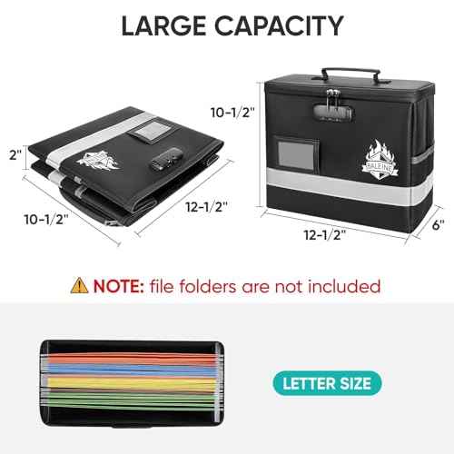 BALEINE Fireproof Document Box with Lock, Portable Fireproof Document Bag Waterproof Fire Proof File Boxes for Documents, File Organizer Box for Important Paperwork (Black, 12.5''x10.5''x6'')