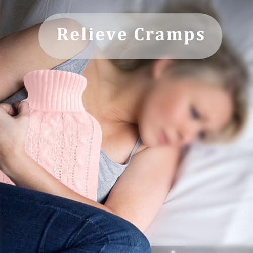 Hot Water Bottle with Knitted Cover,2L Hot Water Bag,Hand Warmer Bag,Hot and Cold Therapies for Sore Muscles,Menstrual Cramps,Neck and Shoulder Pain Relief,Great for Women,Childs (Pink)