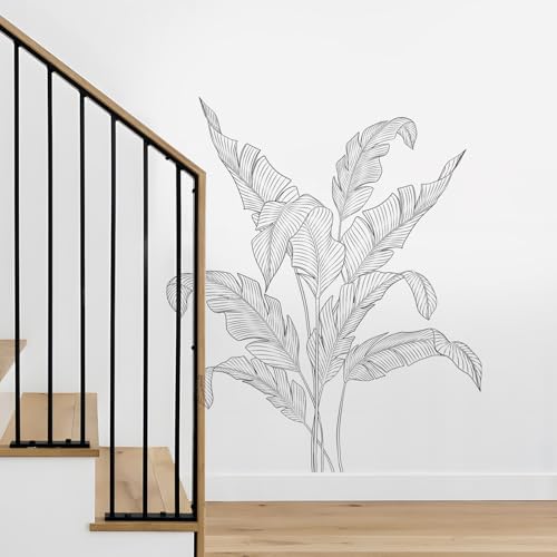 Supzone Simple Tropical Plants Wall Stickers - Black and White Sketch Palm Leaves Decals, Minimalist Line Art Decor for Bedroom, Living Room, Kitchen, Sofa, TV Backdrop Decoration