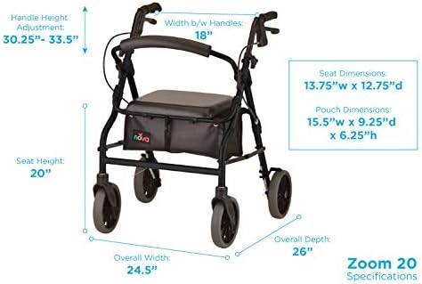 NOVA Medical Products Zoom Rollator Walker with 20" Seat Height, Black