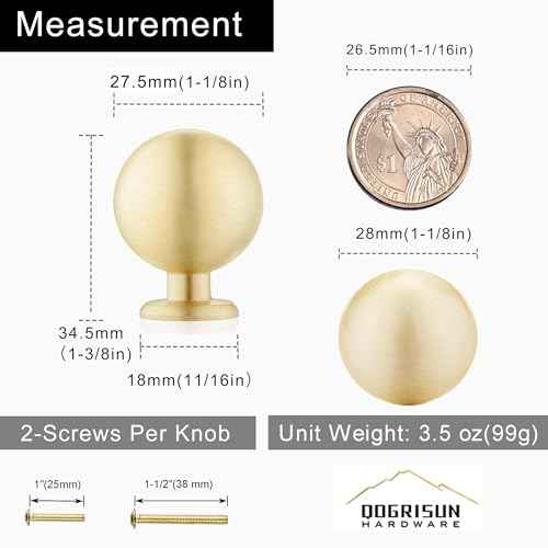 QOGRISUN 15-Pack Solid Brass Cabinet Knobs, Round Ball Gold Knobs for Dresser Drawer, 1.1-Inch Diameter, Sphere Cabinet Pulls, Brushed Brass Finish