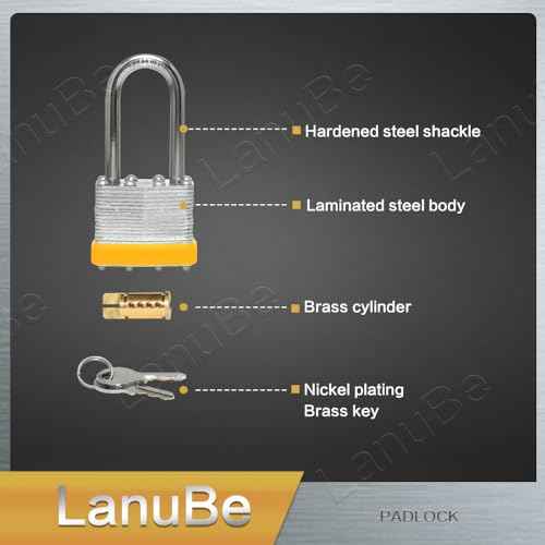 LanuBe Lock Laminated keyed Padlock (1-9/16", 40mm), keyed Alike Locks, Long Shackle,Marked Yellow Plastic Hoop, Pack of 6