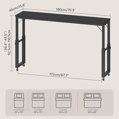 Overbed Table with Wheels, Queen Size Mobile Bed Desk with Adjustable Height, Rolling Table, Dining Table, Computer Desk, for Bedroom, Living Room, Office, Black MTBK18001