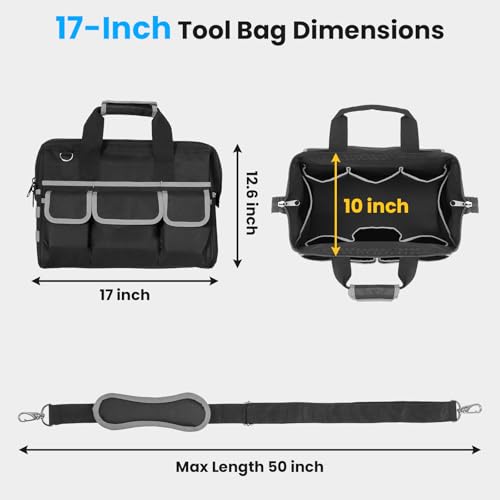 Heavy Duty Tool Bag, 17 Inch Tool Bags for Men with Multi-Pockets, Waterproof Tool Box Organizer Storage Bag with Adjustable Shoulder Strap, Soft Handle, Durable Zipper for Men, Dad (Black-Grey)