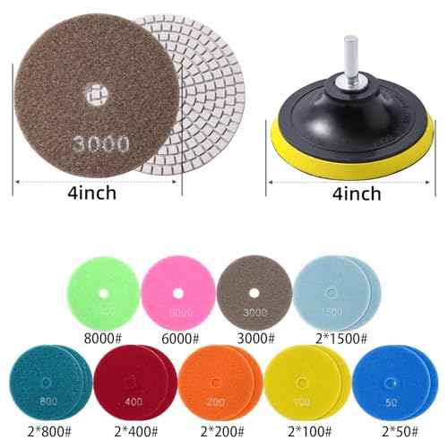 XKDOUS 16pcs 4" Diamond Wet Polishing Pads with Backer Pad,50-6000 Grit Pads,Wet/Dry Granite Polish Kit for Drill Grinder Rock Polisher Granite Marble Stone Concrete Tile Tools