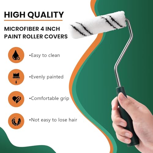 9 Pack 4 Inch Microfiber Paint Roller Set, 6 Pcs Premium Microfiber Rollers with Sturdy Roller Frame, Paint Tray and Tray Liner, Smooth Finish for Walls, Ceilings, Furniture