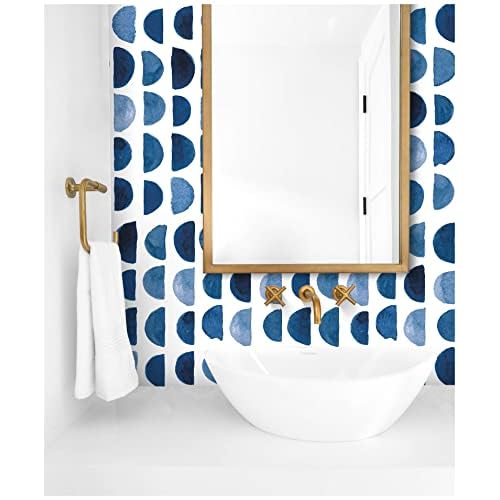HAOKHOME Watercolor Brush Strokes Scallop Boho Peel and Stick Wallpaper Removable Indigo Blue/White Vinyl Self Adhesive Mural 17.7in x 9.8ft