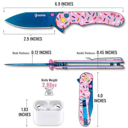 NedFoss DONUT Pink Pocket Knife for Women Men, 2.9" Blade Small EDC Knife, 14C28N Steel Button Lock Knife, Unique Donut Design G10 Handle Folding Knives