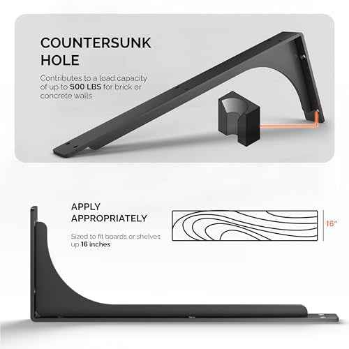 BATODA 16¡± Shelf Brackets with Beam (4pcs) - L Shelf Brackets Black - Hook Brackets for Floating Shelves - Wall Mounted Support for DIY Open Shelving ? Mounting Hardware Included (Pack 4) (4, 16 Inch)