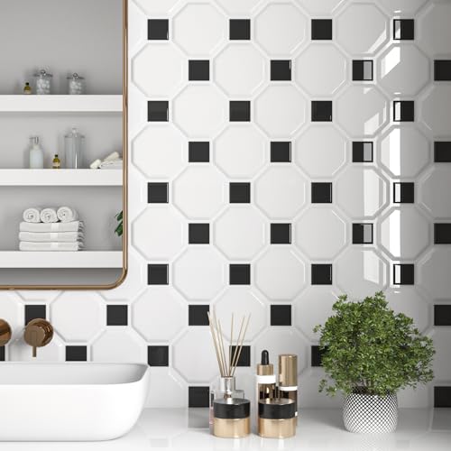 LaCheery 12"x12" Black and White Peel and Stick Backsplash for Bathroom Kitchen Backsplash Tiles Peel and Stick Octagon Peel and Stick Backsplash Tile Waterproof Wall Tiles Sticker Back Splash 4 Tiles