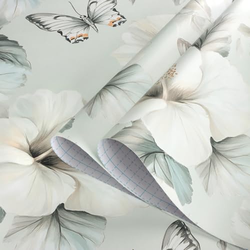 Floral Peel and Stick Wallpaper White Flower Contact Paper 16.9inch x 196.8inch Oil Painting Modern Wall Paper Butterfly Removable Large Floral Decorative Wallpaper Flower Waterproof Vinyl