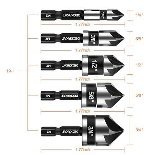 5 Pcs Countersink Drill Bit Set, Industrial Grade M2 High-Speed Steel, 82 Degree, 5 Flute with 1/4¡± Quick Change Hex Shank, 1/4" to 3/4" Size for Metal, Wood & Plastic - Includes Durable Case