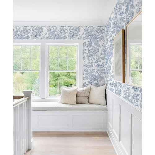 Safiyya Floral Peel and Stick Wallpaper Blue and White Contact Paper Boho Wallpaper for Bedroom Peony Wall Paper for Bathroom Removable Self Adhesive Vinyl Rolls 17.3''¡¿78.7''