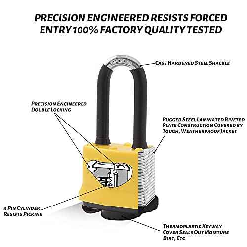 4 Pack Heavy Duty Covered Laminated Steel Padlocks Keyed Alike, Weatherproof Padlocks with 1-9/16 in. Wide Body, Long Shackle for Gate, Shed, Storage Locker Lock