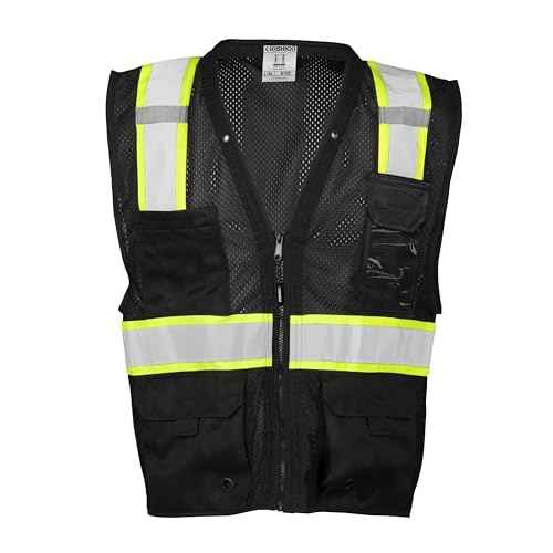 Kishigo Black Enhanced Visibility Men's Vest B100, Multi Pocket Mesh Hi-Vis Vest, Ultra-Cool Polyester, 6 Pockets, Zipper