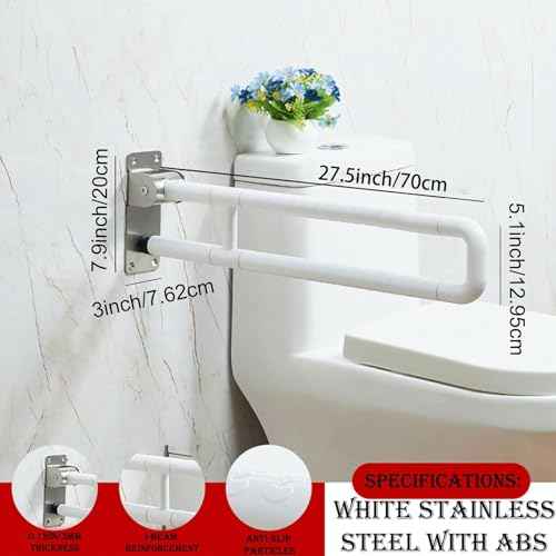 28 Inch Toilet Grab Bar Flip Up Stainless Steel with ABS Handicap Rails Load Capacity of 150 kg 330 lbs Grab Bars Toilet Rail Bathroom U Shaped and Wall Mount Safety for Injured Patients White